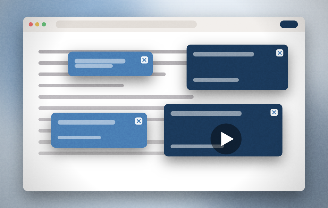 A browser window buried under stacked banner adverts, pop-ups and an autoplaying video