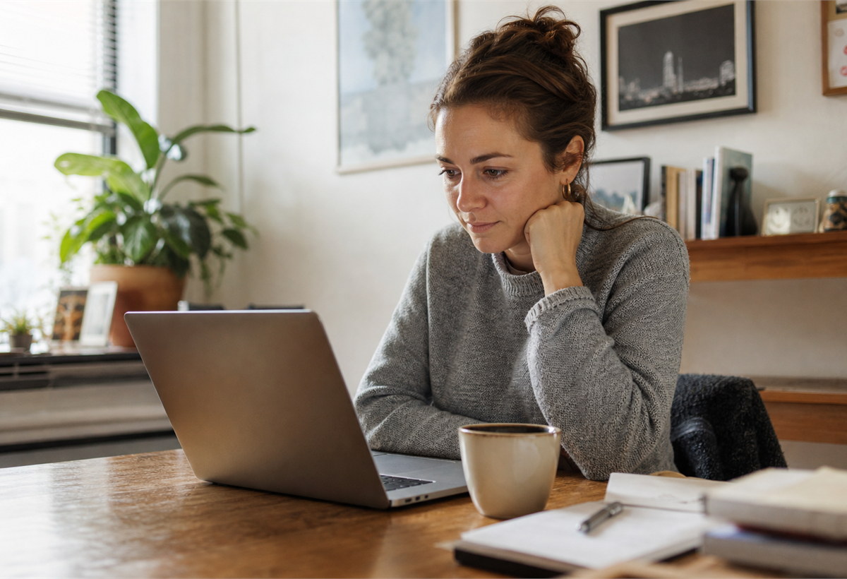 A woman reading an article on a laptop at a lived-in home desk